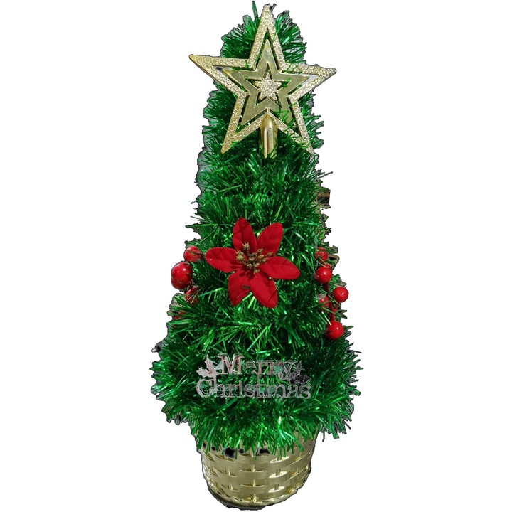 Изкуствена елха NOVOKIDS™ Mini Christmas Tree, За дома и офиса, С включени декорации и поставка, Богата корона, Височина 35 см, Коледна елха, Екологична, Зелена