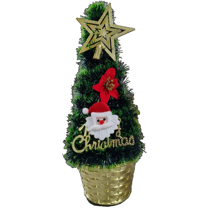 Изкуствена елха NOVOKIDS™ Mini Christmas Tree, За дома и офиса, С включени декорации и опора, Богата корона, Височина 35 см, Коледна елха, Екологична, Естествено зелена