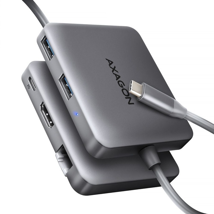 Хъб USB-C 5in1, Axagon, 5Gbps, HDMI 4K, Ethernet, 65 x 77 x 15 mm, 61 g, сребрист