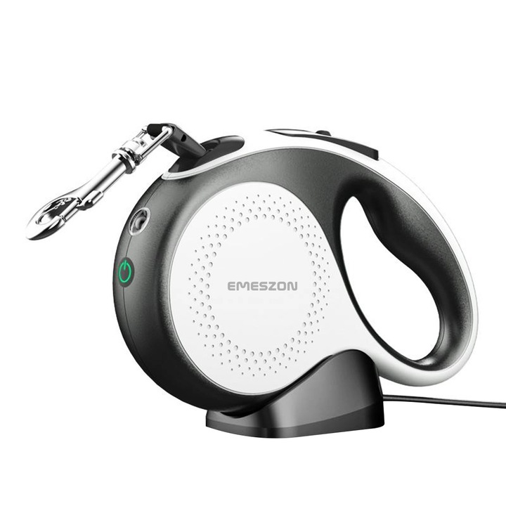 Lesa retractabila electrica cu lanterna LED 200 Lumeni, Emeszon®, pentru caini cu greutatea pana la 50Kg, contine acumulator reincarcabil, sistem antirasucire si 5m banda de nylon puternica si reflectorizanta, alb