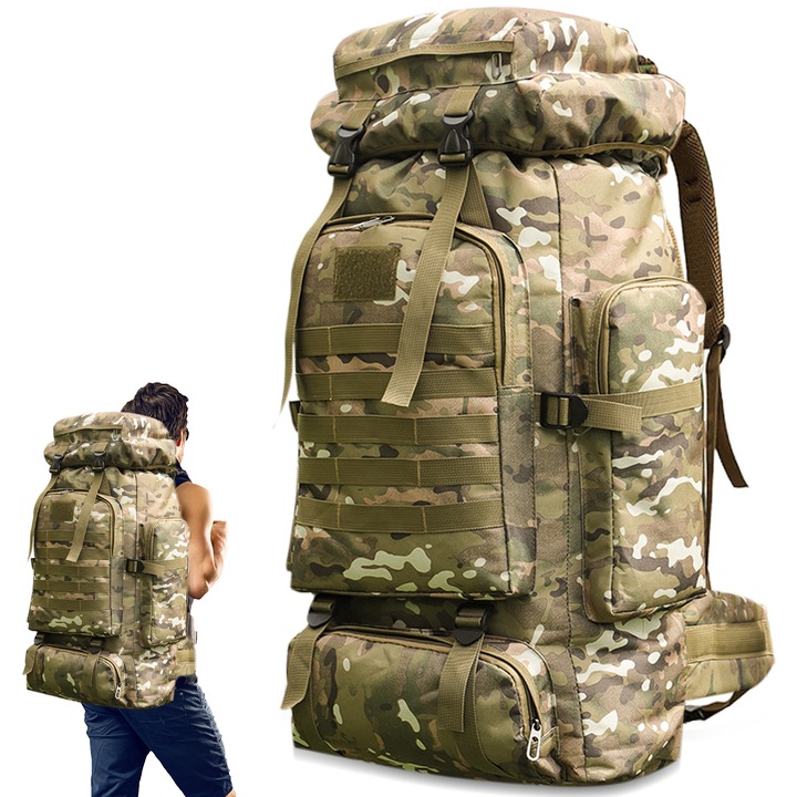 Rucsac Tactic Militar, XINXU, Bretele reglabile, 80L, 5 Compartimente, Spatios, Impermeabil, pentru Drumetii pe Munte, Turism, Camping, Uz Zilnic, Camuflaj