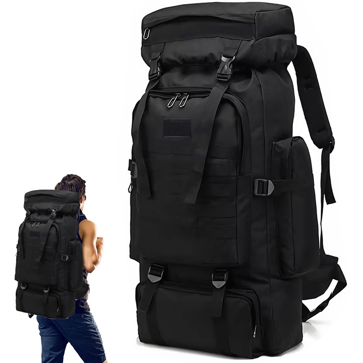 Rucsac Tactic Militar, XINXU, Bretele reglabile, 80L, 5 Compartimente, Spatios, Impermeabil, pentru Drumetii pe Munte, Turism, Camping, Uz Zilnic, Negru