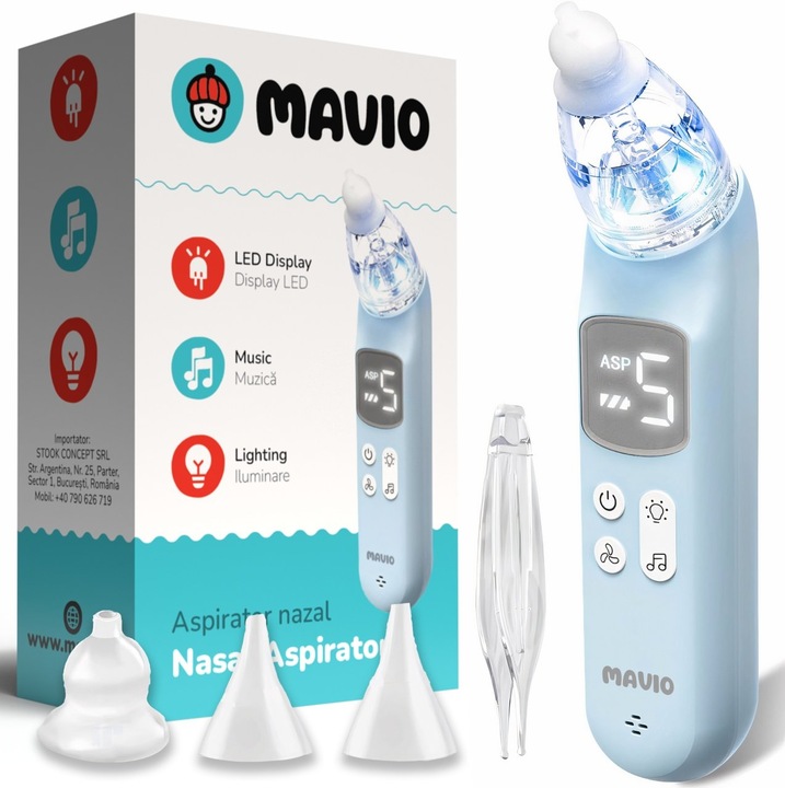 Aspirator Nazal Mavio®, pentru Bebelusi si Copii, 5 Trepte de Viteza, 3 Moduri de Iluminare, Silentios, Incarcare USB Type-C, Penseta, 3 Capete din Silicon
