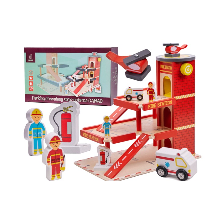 Statie de pompieri din lemn cu figurine, 34x21x32 cm, Rosu