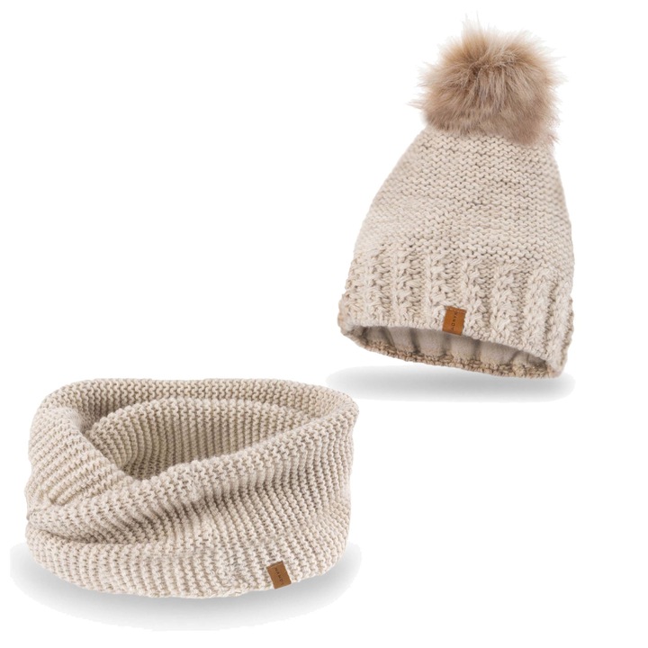 Set de caciula si fular circular, Nandy, Pentru Femei, Bej