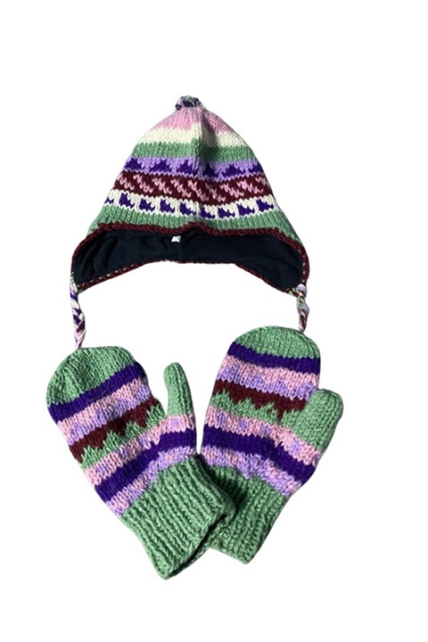 Set caciula pilot si manusi cu un deget tricotat din lana, Multicolor, Universal