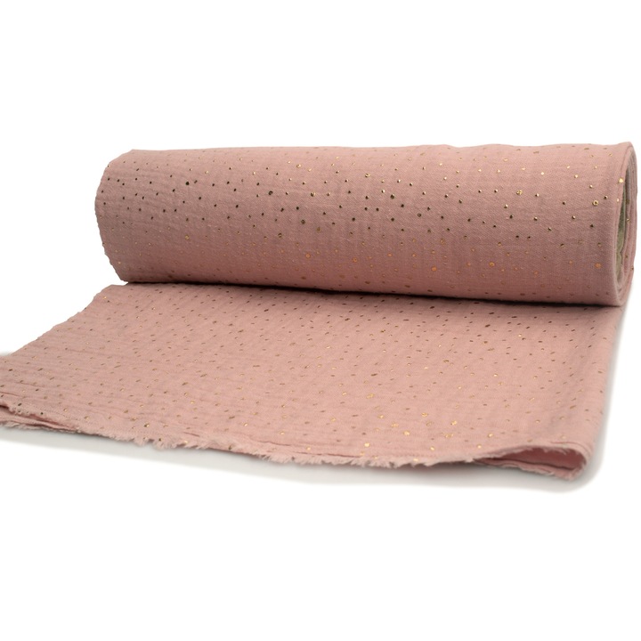 Muselina cu puncte aurii, Tesatura de bumbac, tip: muselina, Roz murdar, 50 cm x 130 cm