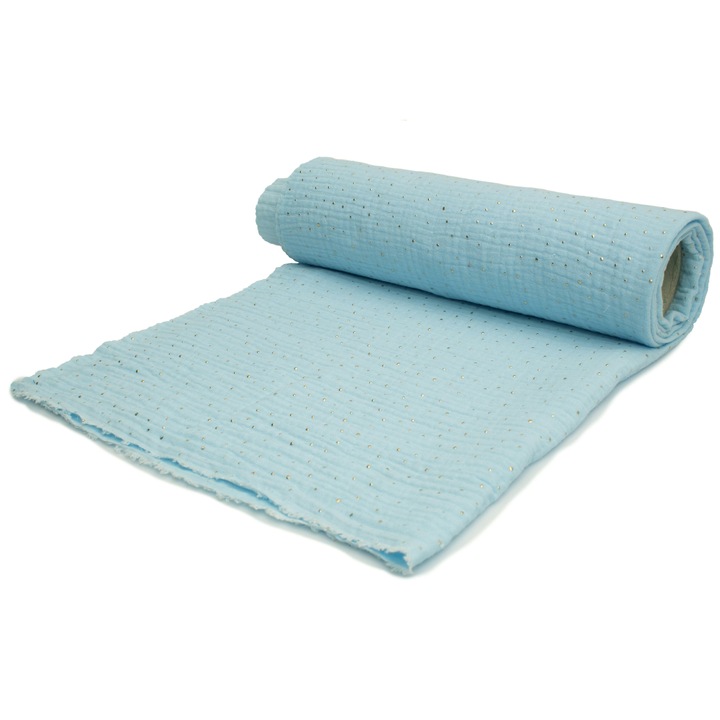 Muselina cu puncte aurii, Tesatura de bumbac, tip: muselina, Albastru deschis, 50 cm x 130 cm