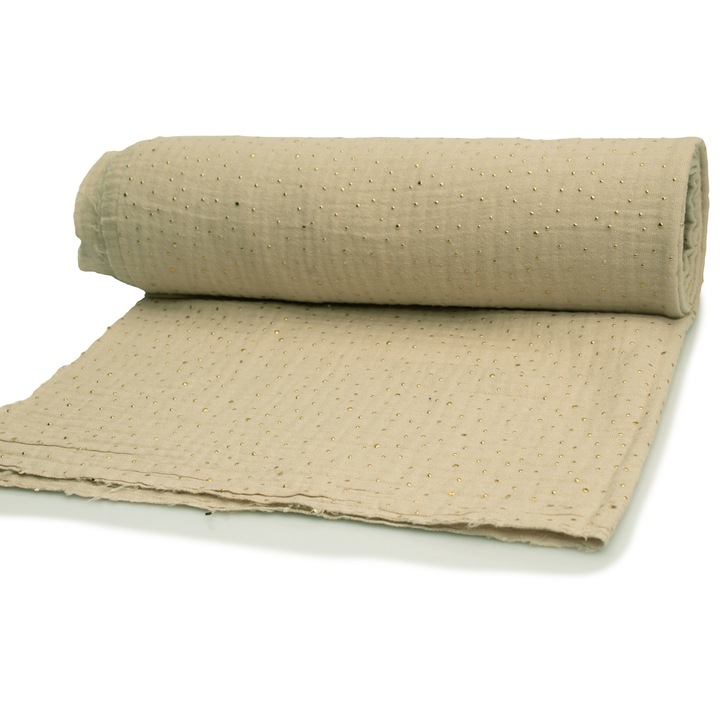 Muselina cu puncte aurii, Tesatura de bumbac, tip: muselina, Bej deschis, 50 cm x 130 cm