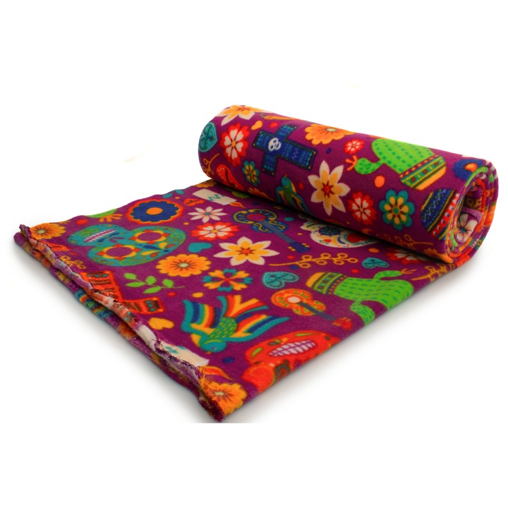 Tricotaj Fleece, tip imprimat, model Dia de Muertos, Amarant, dimensiune 50 cm x 160 cm