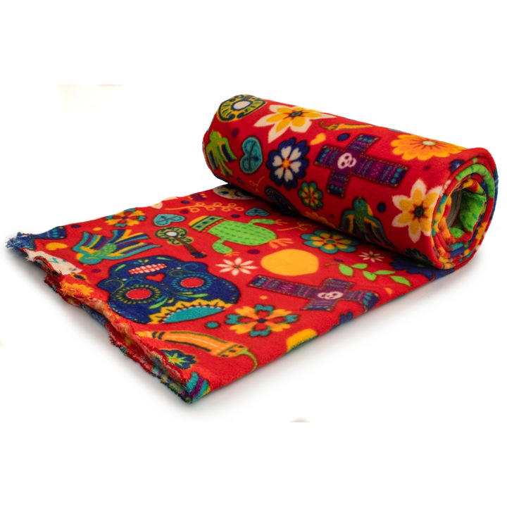 Tricotaj Fleece, tip imprimat, model Dia de Muertos, Rosu, dimensiune 50 cm x 160 cm