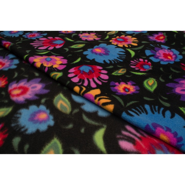 Tricotaj Fleece, tip imprimat, model tipar Lowicz, Negru, dimensiune 50 cm x 160 cm