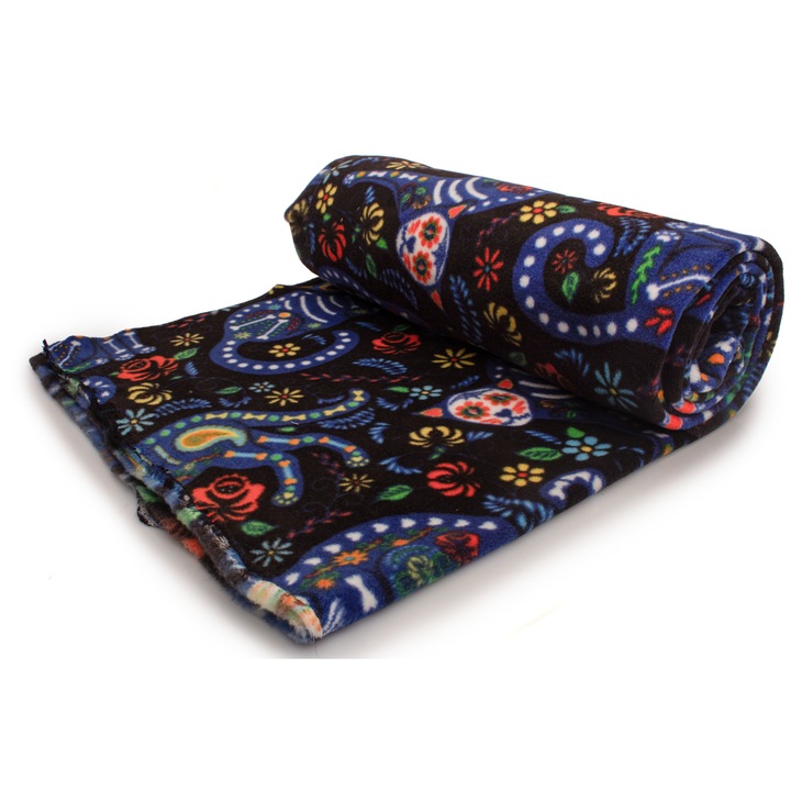 Tricotaj Fleece, tip imprimat, model Cat calavera, Negru, dimensiune 50 cm x 160 cm