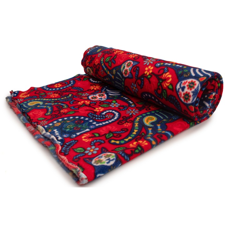 Tricotaj Fleece, tip imprimat, model Cat calavera, Rosu, dimensiune 50 cm x 160 cm