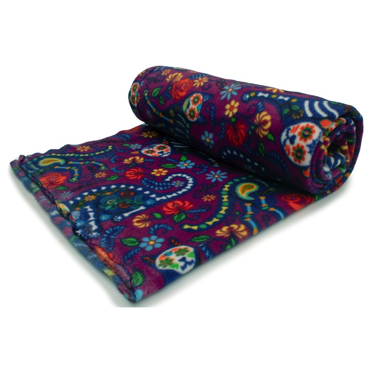 Tricotaj Fleece, tip imprimat, model Cat calavera, Amarant, dimensiune 50 cm x 160 cm