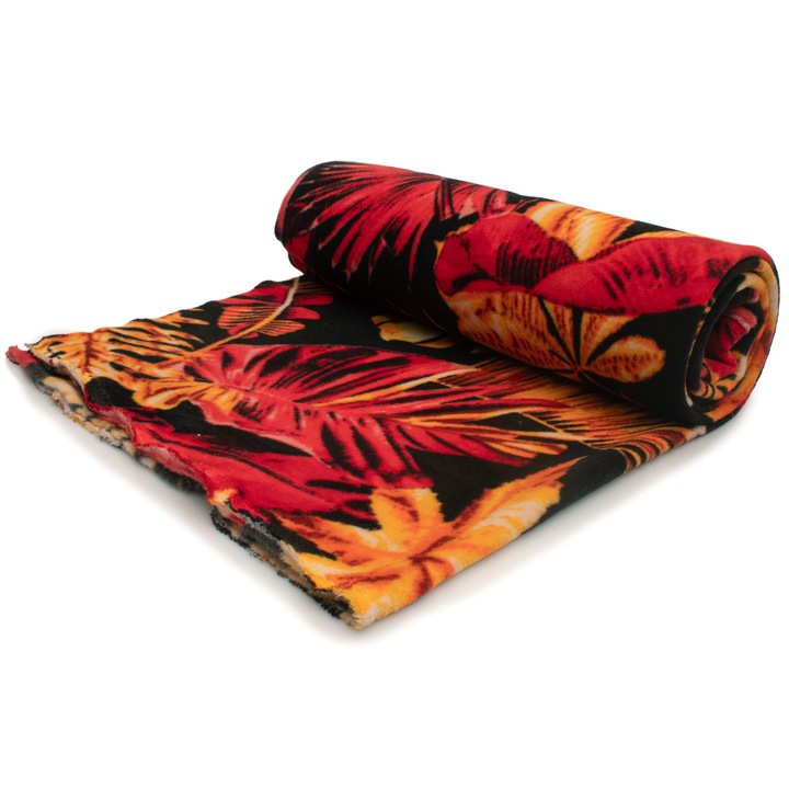 Tricotaj Fleece, tip imprimat, model Monstera, Rosu, dimensiune 50 cm x 160 cm