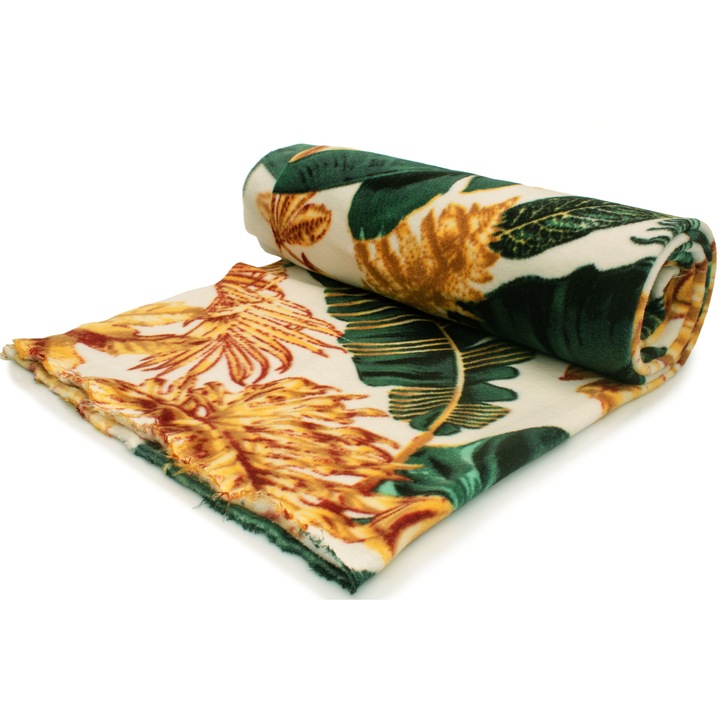 Tricotaj Fleece, tip imprimat, model Monstera, pe alb, dimensiune 50 cm x 160 cm