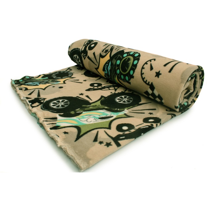 Tricotaj Fleece, tip imprimat, model Camion monstru, Bej, dimensiune 50 cm x 160 cm