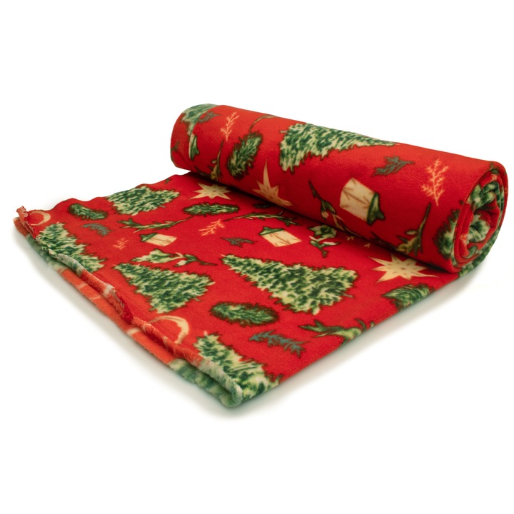 Tricotaj Fleece, tip imprimat, model Brad de Craciun, Rosu, dimensiune 50 cm x 160 cm