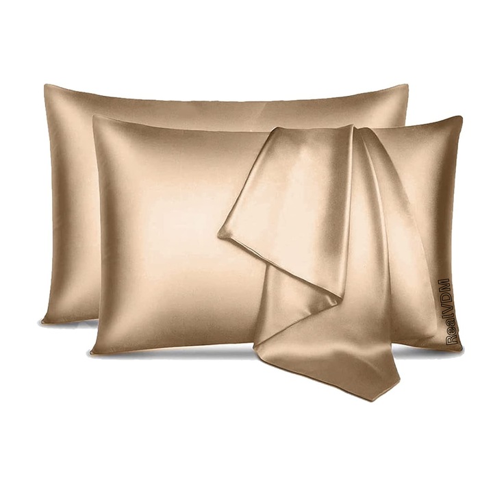 Szatén párnahuzat, haj és bőr kímélő, RealVDM®, 50 x 70 méret, 2 darabos készlet, Nude szín
