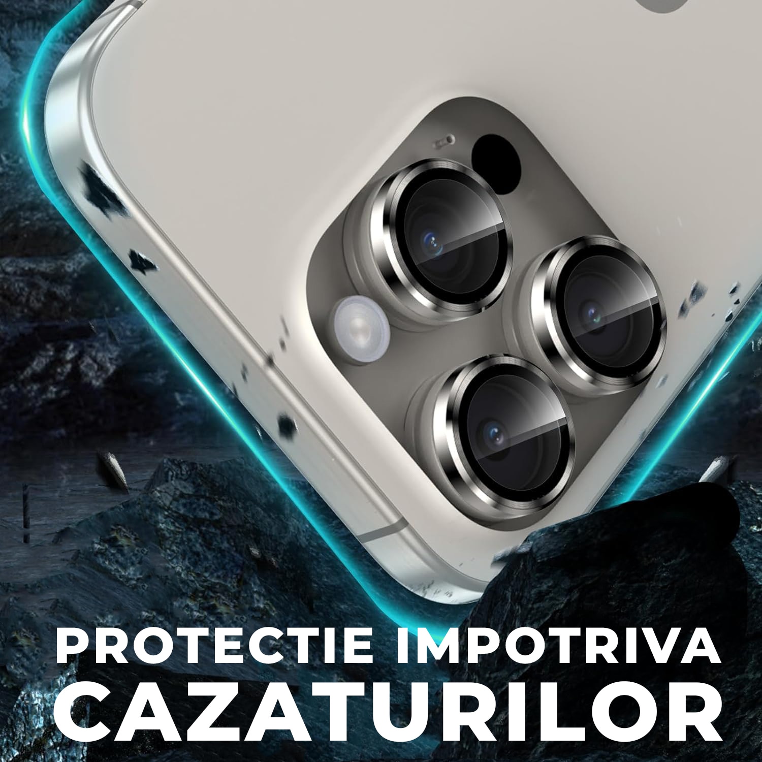 Folie Camera Daden din sticla pentru iPhone 15 Pro/15 Pro Max, Full Cover, Protectie Profesionala, Ultra Rezistenta, Calitate Premium, Natural Titanium/Gri