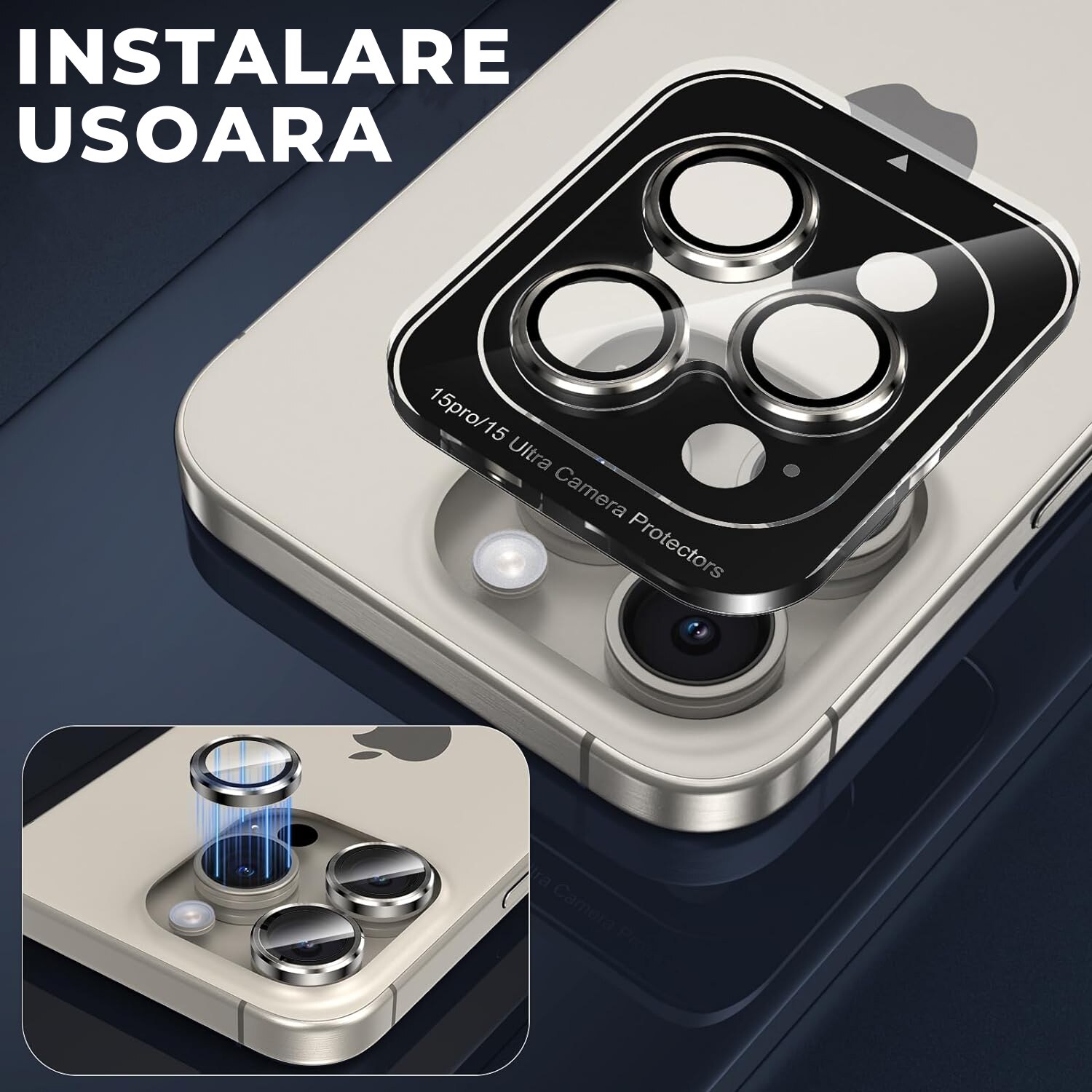 Folie Camera Daden din sticla pentru iPhone 15 Pro/15 Pro Max, Full Cover, Protectie Profesionala, Ultra Rezistenta, Calitate Premium, Natural Titanium/Gri