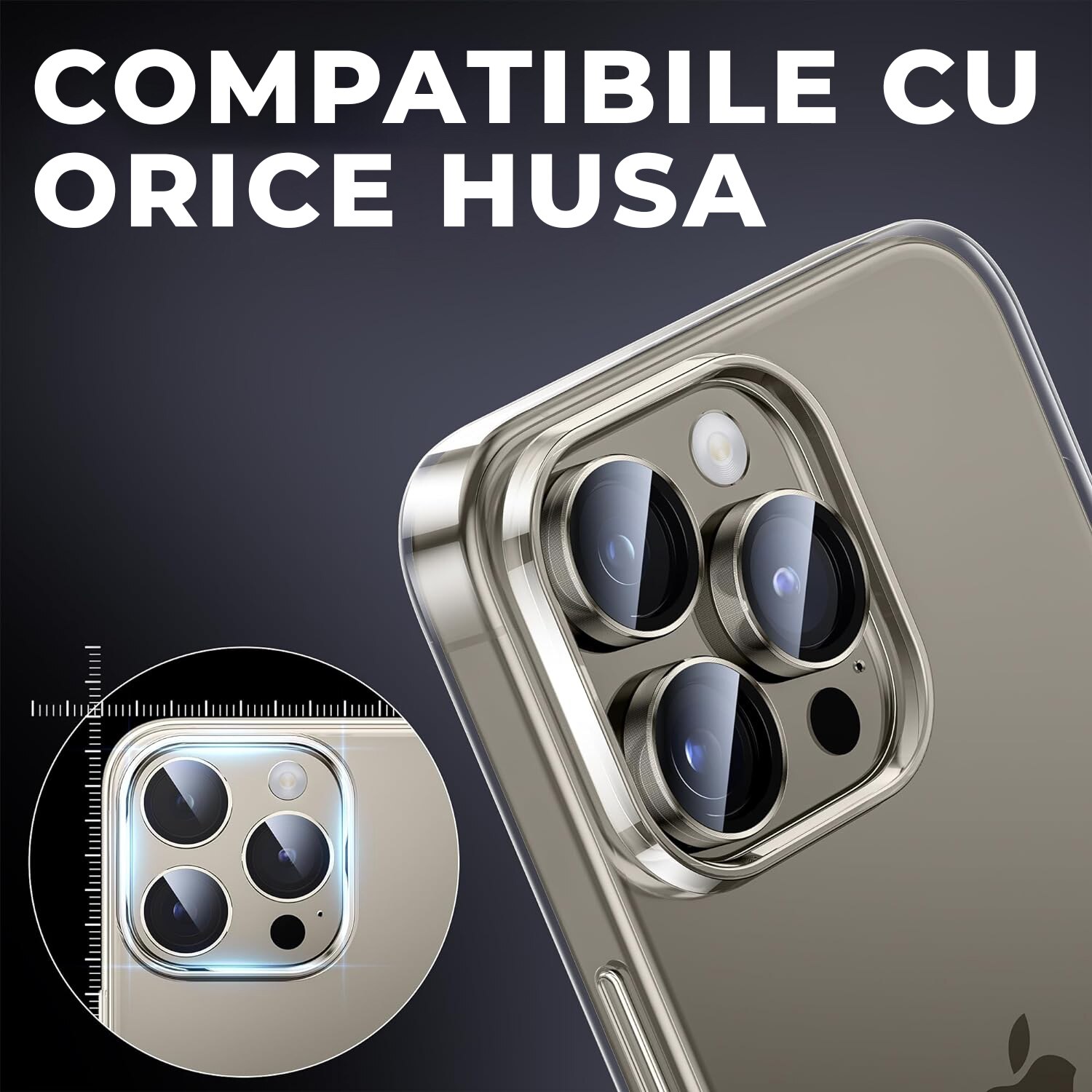 Folie Camera Daden din sticla pentru iPhone 15 Pro/15 Pro Max, Full Cover, Protectie Profesionala, Ultra Rezistenta, Calitate Premium, Natural Titanium/Gri