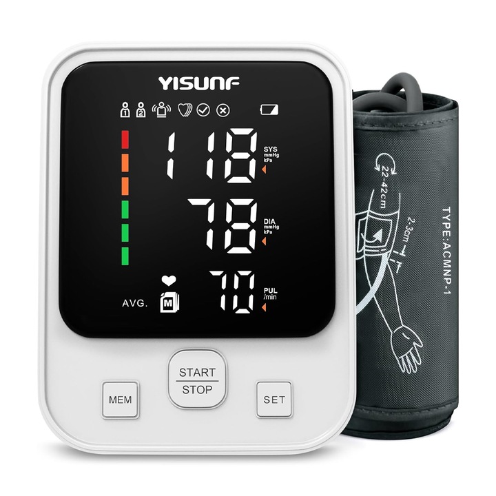 Yisunf vérnyomásmérő 9719988 20-29, szívritmuszavar-érzékelővel, LED kijelző, 22-42 cm-es mandzsetta, fehér