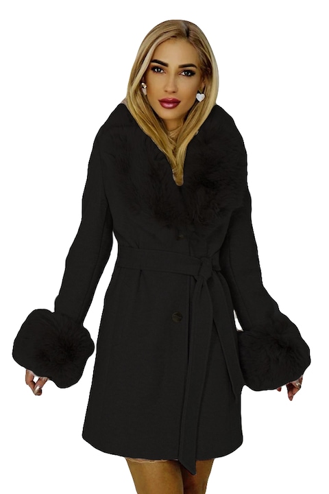 Стилни Дамски Палта за Зима 2025-2026 Вълнено палто Beluci със сваляща се кожена яка и маншети и шнур на талията, черно, размер 42