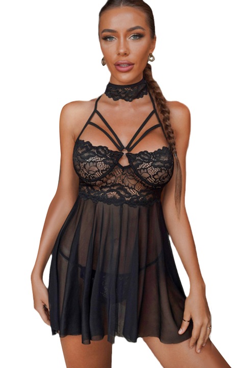 Set lenjerie sexy, rochita transparenta cu dantela si chiloti tanga TY-S553negru 93827, Negru, One Size