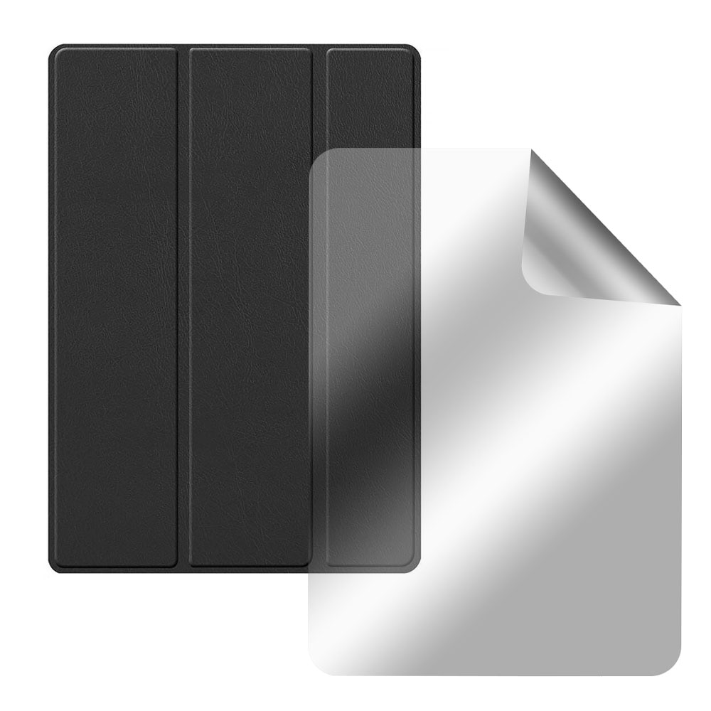Set Husa Tableta din piele PU si Folie Silicon Transparent pentru Apple iPad Pro 11 (2018 / 2020 / 2021 / 2022), Protectie Completa 360, Hydrogel Regenerabil, Full Glue, Interior Catifea, Stand, Display Protejat, Colturi Anti-Soc, Negru