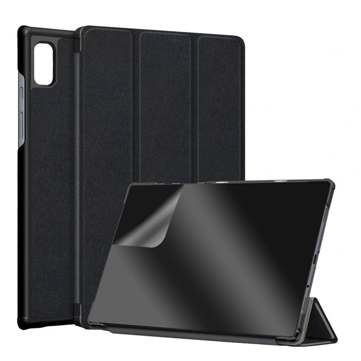 Set Husa Tableta din piele PU si Folie Silicon Transparent pentru Samsung Galaxy Tab A8 10.5 inch SM-X200/SM-X205, Protectie Completa 360, Hydrogel Regenerabil, Full Glue, Interior Catifea, Stand, Display Protejat, Colturi Anti-Soc, Negru