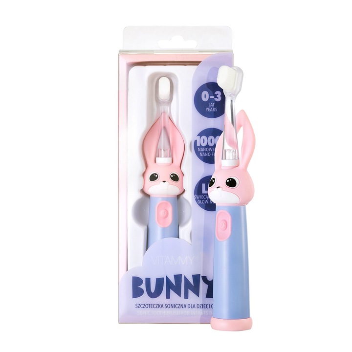 Електрическа четка за зъби Vitammy Bunny Pink, за деца 0-3 години, с LED светлинни и звукови ефекти, 24 000 движения/мин, 2 програми за миене, нано влакна