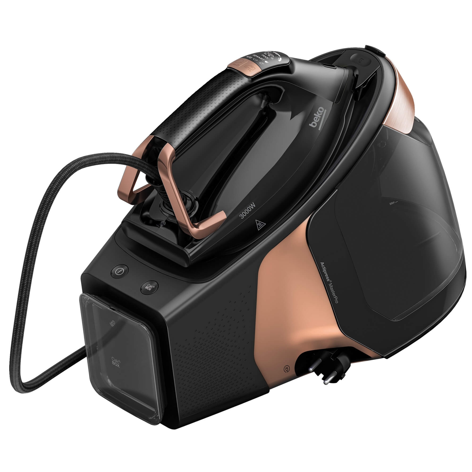 Statie de calcat Beko SGA8130C, 3000 W, 600 g/min, 165 g/min, 8 bar, 1.8 l, talpa Soft Glide, negru/aramiu