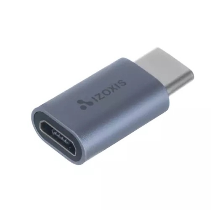 USB-C – micro USB 2.0 adapter, Welora®, anyaga alumínium + PVC, adatátvitel 480 Mbps, töltés 2,1 A, méretek 2,3 x 0,6 x 1,1 cm, ezüst