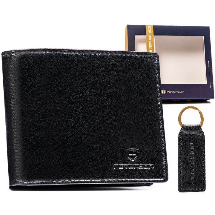 Мъжки портфейл, ключодържател, естествена кожа, черен, Peterson, ptn set-m-1549-gvt, 9,5 x 12 x 2,5 cm