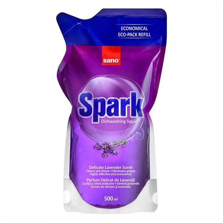 Set 4 x Rezerva Detergent de Vase Sano Spark, cu Lavanda, 500 ml