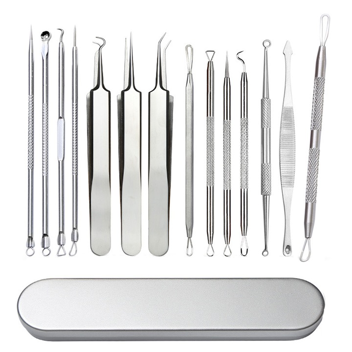 Set 14 de extractor de cosuri, Zggzerg, Indeparteaza punctele negre, acneea si diferite imperfectiuni, Nu este usor de ruginit, Design antiderapant al manerului, Ambalaje portabile, Din otel inoxidabil, Argintiu