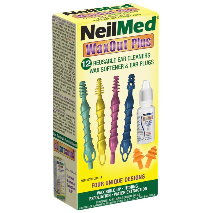 Set pentru Igiena Urechii, Neilmed, Wax Out PLus, cu Dispozitive Reutilizabile, pentru o Curatarea Acumularii Excesive de Ceara, 12 buc