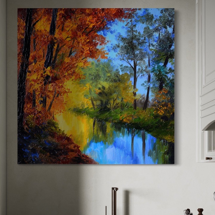 Премиум картина върху платно, LuxCanva® A1114, Близо до гората, 75 X 75 см, 100% памучно платно 400 г/м2, дървена рамка, лак, есен, пейзаж, природа, ярки цветове