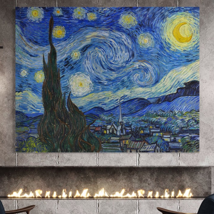 Tablou Canvas Premium, LuxCanva® A1116, Noapte Instelata, 55 X 70 CM, Panza Bumbac 100% 400g/m2, Sasiu Lemn, Vincent van Gogh, Arta, Pictura, Culori Vibrante