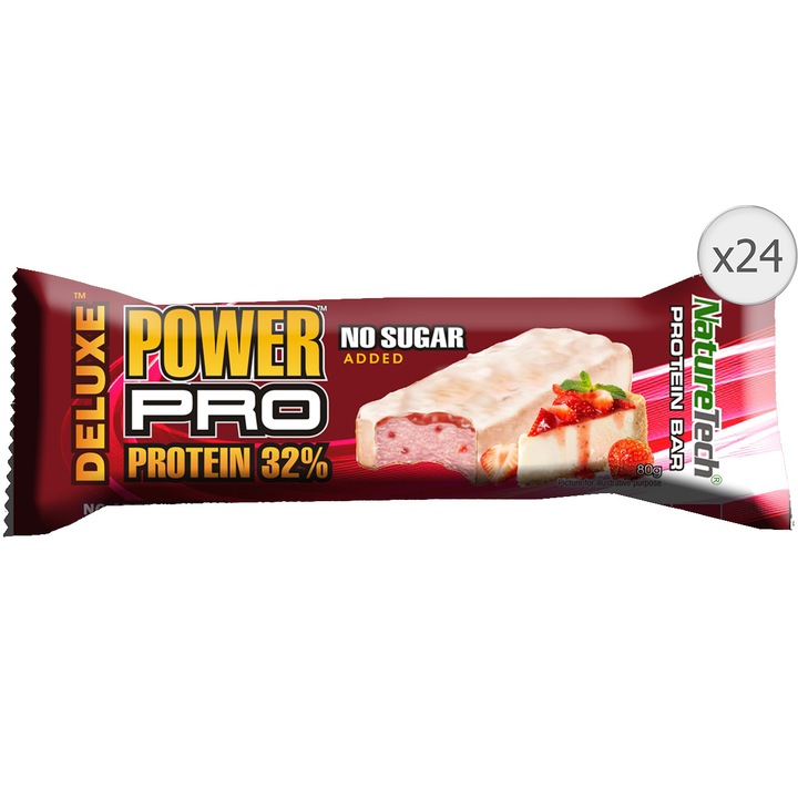 Baton Energizat Power Pro Deluxe 34% Proteina Nature Tech, Fara Zahar Adaugat, Strawberry Cheesecake, 80g x24 Buc