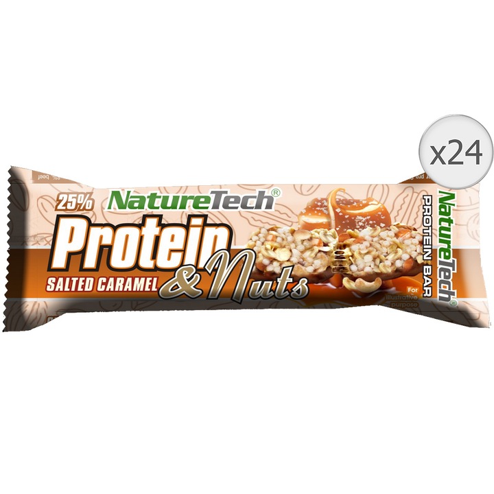 Baton Energizant Protein & Nuts 25% Proteina Nature Tech, Caramel Sarat si Nuci, 45g x 24 Buc