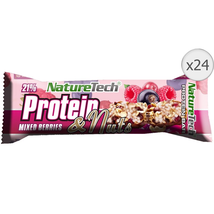 Baton Energizat Protein & Nuts 21% Proteina Nature Tech, Fructe De Padure si Nuci, 45g x 24 Buc