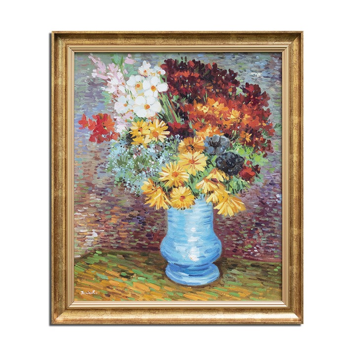 Tablou celebru pictat manual inramat, Flori in vaza albastra, 70x60cm ulei pe panza, reproducere Vincent van Gogh