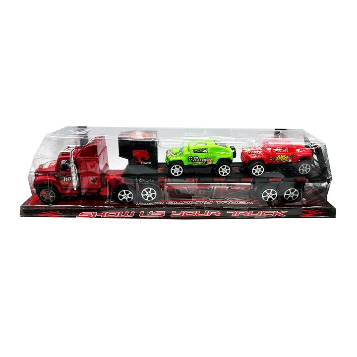 Set tir cu platforma si 2 masini de teren, Show Truck, 43 cm, Vision XXI