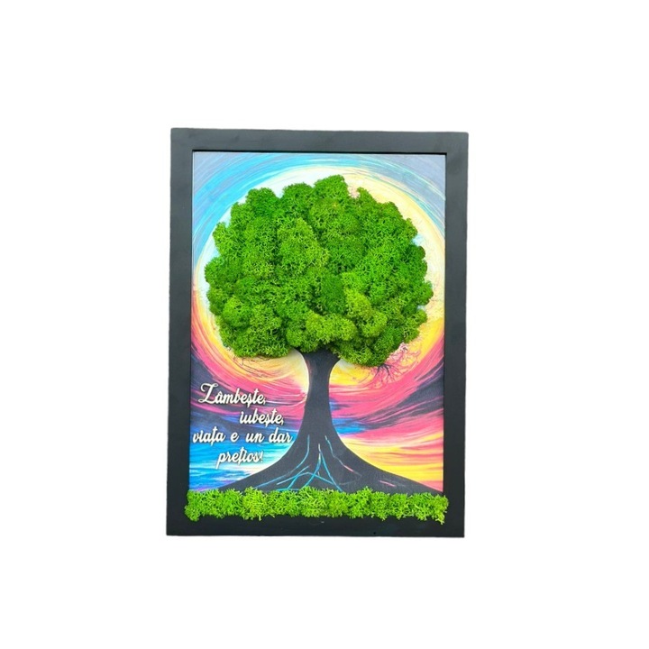 Tablou cu licheni, A4, rama neagra, Copacul cu mesaj Zambeste, iubeste, viata e un dar pretios, Dream of Alexa s garden