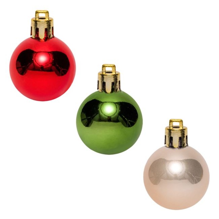 Set 20 globulete brad de Craciun Shopiens®, bej rosii verzi cu aspect stralucitor, 3 cm