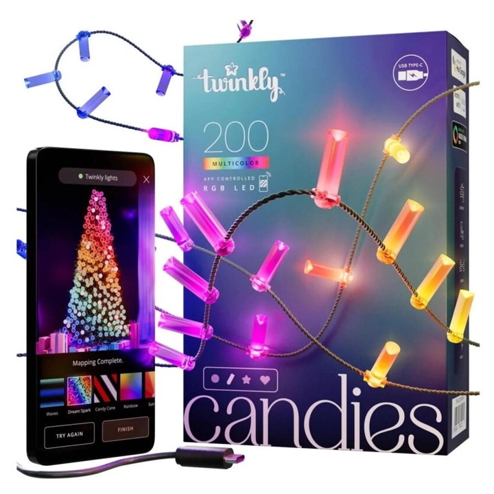 Instalatie pentru brad de Craciun Twinkly, IP20, Wi-Fi, bluetooth, RGB, USB-C, 14m[TWKC200RGB-G]