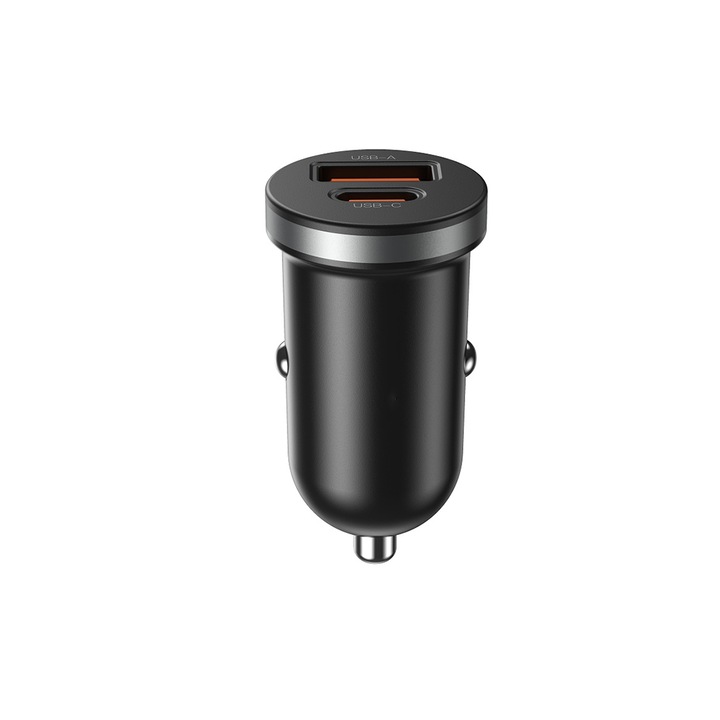Autós töltő 30 W, G-Tech energiatakarékos CC56, 1x USB-C port és 1x USB, Samsung Galaxy A05 / A05s kompatibilis, gyors töltés, fekete